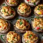 Stuffed mushrooms with crabmeat - the image shows a plate of stuffed mushrooms on a wooden table. the mushrooms are arranged in a circular pattern on the plate, with each mushroom slightly overlapping the one below it. the filling appears to be a mixture of scrambled eggs, vegetables, and herbs, with bits of red and yellow bell peppers scattered throughout. the plate is garnished with chopped parsley, adding a pop of green color to the dish. the background is dark, making the mushrooms stand out.