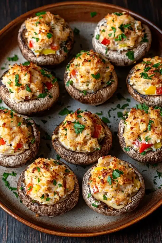 Stuffed mushrooms with crabmeat - the image shows a plate of stuffed mushrooms on a wooden table. the mushrooms are arranged in a circular pattern on the plate, with each mushroom slightly overlapping the one below it. the filling appears to be a mixture of scrambled eggs, vegetables, and herbs, with bits of red and yellow bell peppers scattered throughout. the plate is garnished with chopped parsley, adding a pop of green color to the dish. the background is dark, making the mushrooms stand out.