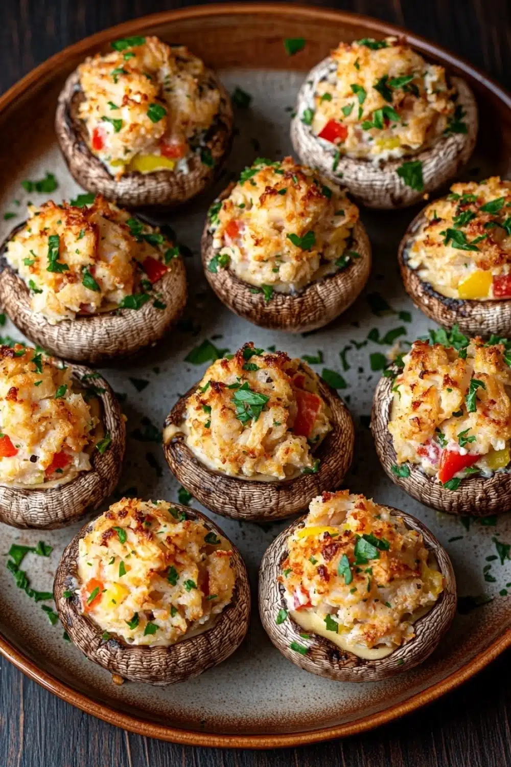 Stuffed mushrooms with crabmeat - the image shows a plate of stuffed mushrooms on a wooden table. the mushrooms are arranged in a circular pattern on the plate, with each mushroom slightly overlapping the one below it. the filling appears to be a mixture of scrambled eggs, vegetables, and herbs, with bits of red and yellow bell peppers scattered throughout. the plate is garnished with chopped parsley, adding a pop of green color to the dish. the background is dark, making the mushrooms stand out.