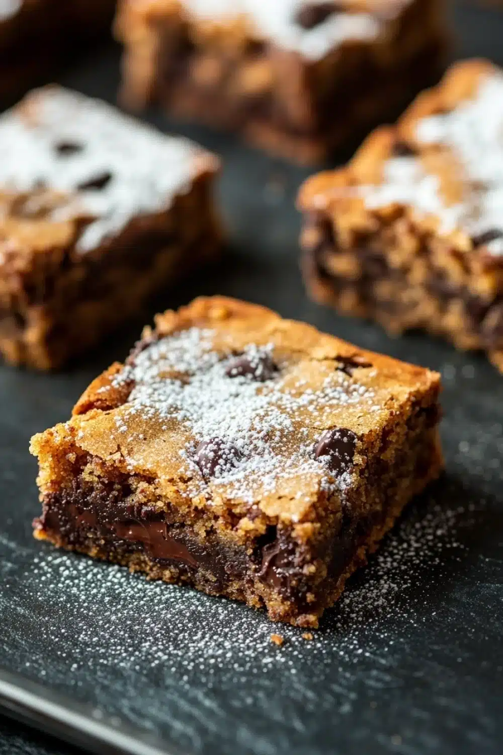 Sugar cookie brownies - the image shows a close-up of a freshly baked chocolate chip cookie bars on a black baking tray. the bars are golden brown in color and have a crumbly texture. they are dusted with powdered sugar, giving them a shiny appearance. the chocolate chips are visible on top of the bars, adding a pop of color to the dish. the tray is lined with parchment paper, and the background is blurred, making the bars the focal point of the image.