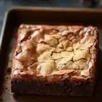 Sugar cookie brownies - the image shows a square-shaped brownie on a baking tray. the brownie appears to be freshly baked and has a rich, dark chocolate color. the top of the brownie is covered in a crumbly, golden-brown crust, which is spread evenly across the surface. the crust is slightly uneven and has small bits of nuts scattered throughout. the tray is sitting on a wooden table with a white plate in the background. the overall mood of the image is warm and inviting.