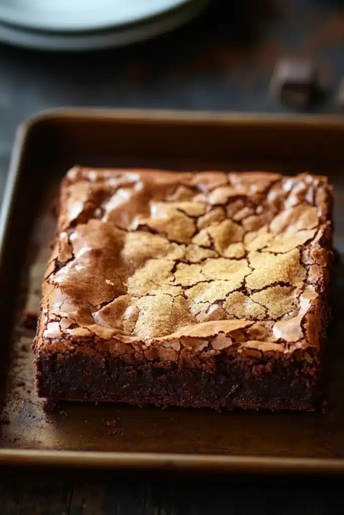 Sugar cookie brownies - the image shows a square-shaped brownie on a baking tray. the brownie appears to be freshly baked and has a rich, dark chocolate color. the top of the brownie is covered in a crumbly, golden-brown crust, which is spread evenly across the surface. the crust is slightly uneven and has small bits of nuts scattered throughout. the tray is sitting on a wooden table with a white plate in the background. the overall mood of the image is warm and inviting.