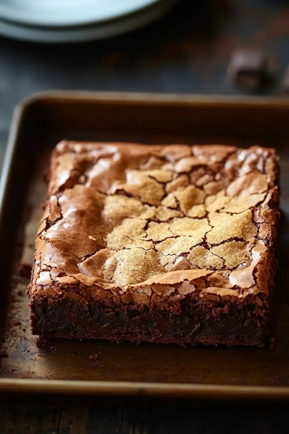 Sugar cookie brownies - the image shows a square-shaped brownie on a baking tray. the brownie appears to be freshly baked and has a rich, dark chocolate color. the top of the brownie is covered in a crumbly, golden-brown crust, which is spread evenly across the surface. the crust is slightly uneven and has small bits of nuts scattered throughout. the tray is sitting on a wooden table with a white plate in the background. the overall mood of the image is warm and inviting.