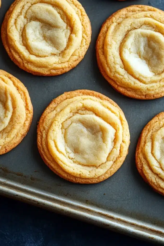 Sugar cookie mix - the image shows a baking tray lined with freshly baked cookies. the cookies are round and golden brown in color, with a swirl pattern on top. they are arranged in a single layer on the tray, with some overlapping each other. the background is dark, making the cookies stand out.