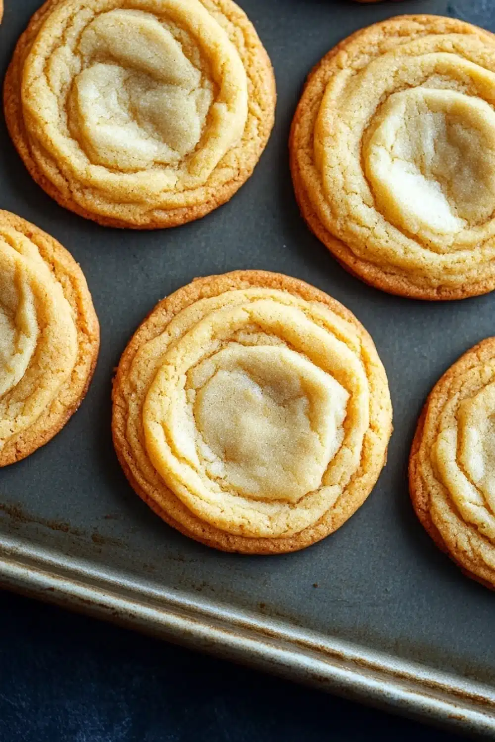 Sugar cookie mix - the image shows a baking tray lined with freshly baked cookies. the cookies are round and golden brown in color, with a swirl pattern on top. they are arranged in a single layer on the tray, with some overlapping each other. the background is dark, making the cookies stand out.