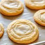 Sugar cookie mix - the image shows a baking tray with freshly baked cookies on it. the cookies are round and golden brown in color, with a swirl pattern on top. they are arranged in a single layer on the tray, with some overlapping each other. the tray is lined with parchment paper, and there are a few crumbs scattered around the cookies. the background is blurred, but it appears to be a kitchen countertop.
