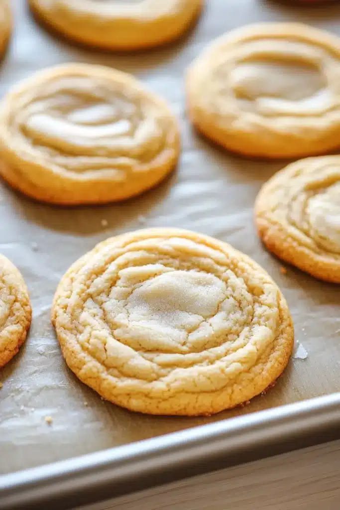Sugar cookie mix - the image shows a baking tray with freshly baked cookies on it. the cookies are round and golden brown in color, with a swirl pattern on top. they are arranged in a single layer on the tray, with some overlapping each other. the tray is lined with parchment paper, and there are a few crumbs scattered around the cookies. the background is blurred, but it appears to be a kitchen countertop.