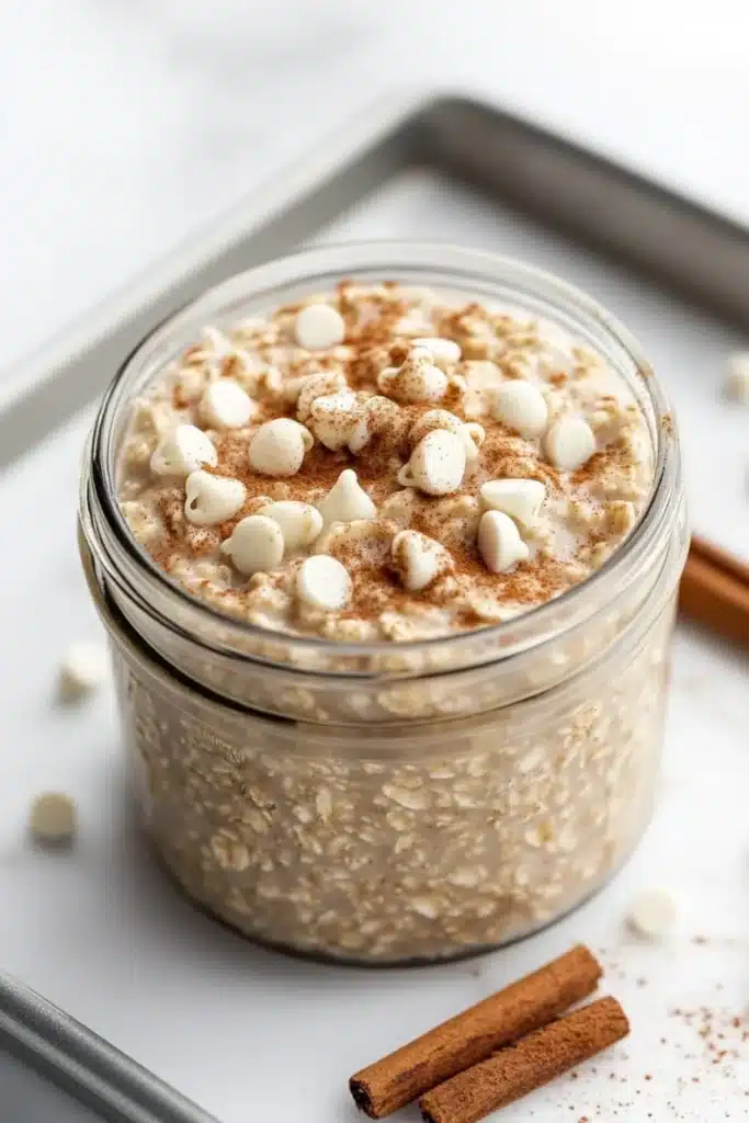 Sugar cookie overnight oats - the image shows a glass jar filled with a creamy, light-colored dessert. the dessert appears to be made with oats, nuts, and marshmallows, and is topped with a sprinkle of cinnamon. the jar is sitting on a white marble countertop with a few cinnamon sticks scattered around it. the background is blurred, but it seems to be a kitchen countertop.