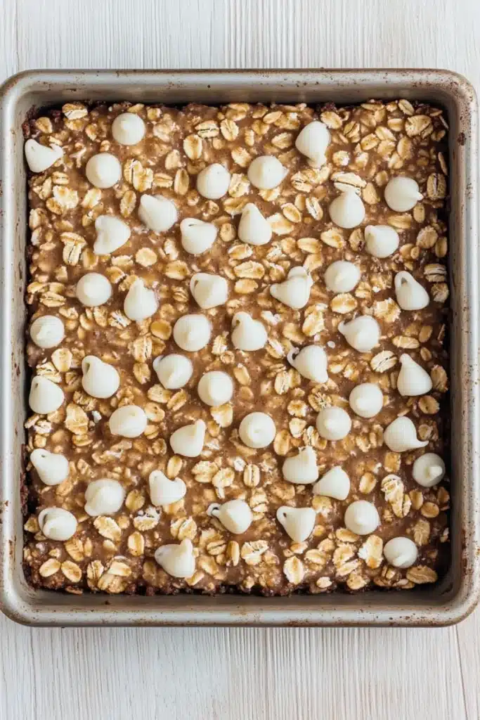 Sugar cookie overnight oats - the image shows a rectangular baking tray filled with granola bars. the bars are golden brown in color and appear to be freshly baked. on top of the granola, there are small white chocolate hearts scattered across the surface. the tray is lined with parchment paper and is placed on a white wooden surface.
