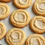 Sugar cookie platter - the image shows a tray of freshly baked cookies on a baking sheet. the cookies are round and golden brown in color, with a criss-cross pattern on top. they are dusted with a light dusting of powdered sugar, giving them a shiny appearance. the tray is lined with parchment paper, and the cookies are arranged in a neat row. the background is blurred, but it appears to be a kitchen countertop.