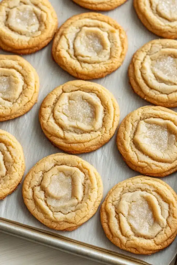 Sugar cookie platter - the image shows a tray of freshly baked cookies on a baking sheet. the cookies are round and golden brown in color, with a criss-cross pattern on top. they are dusted with a light dusting of powdered sugar, giving them a shiny appearance. the tray is lined with parchment paper, and the cookies are arranged in a neat row. the background is blurred, but it appears to be a kitchen countertop.