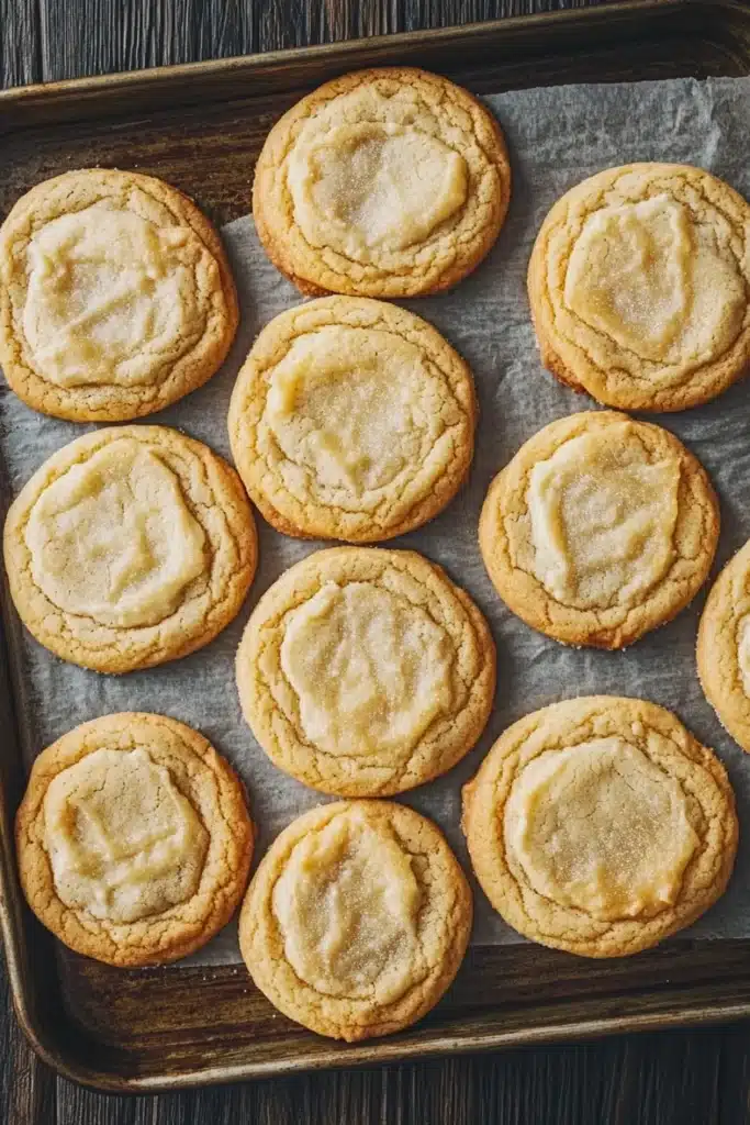 Sugar cookie platter - the image shows a tray of freshly baked cookies on a wooden table. the cookies are round and golden brown in color, with a crumbly texture on top. they are arranged in a single layer on the tray, with some overlapping each other. the tray is lined with parchment paper, and the cookies appear to be freshly baked. the background is blurred, but it appears to be a rustic wooden surface.
