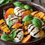 Summer peach balsamic caprese salad - the image is a close-up of a bowl of salad. the bowl is made of dark brown ceramic and is placed on a wooden table. the salad is made up of sliced peaches, mozzarella cheese, and fresh basil leaves. the peaches are arranged in a circular pattern, with some overlapping each other. the cheese is drizzled with a dark sauce, and the basil leaves are scattered throughout the salad. there are a few sprigs of fresh basil on the side of the bowl, adding a pop of green color to the dish. the overall presentation of the salad is fresh and appetizing.