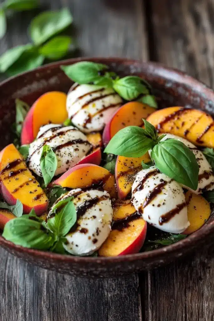 Summer peach balsamic caprese salad - the image is a close-up of a bowl of salad. the bowl is made of dark brown ceramic and is placed on a wooden table. the salad is made up of sliced peaches, mozzarella cheese, and fresh basil leaves. the peaches are arranged in a circular pattern, with some overlapping each other. the cheese is drizzled with a dark sauce, and the basil leaves are scattered throughout the salad. there are a few sprigs of fresh basil on the side of the bowl, adding a pop of green color to the dish. the overall presentation of the salad is fresh and appetizing.