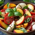 Summer peach balsamic caprese salad - the image is a close-up of a colorful salad in a wooden bowl. the salad is made up of sliced peaches, cherry tomatoes, and mozzarella cheese. the peaches are cut into small cubes and are arranged in a circular pattern. the tomatoes are bright red and the cheese is white. the basil leaves are scattered throughout the salad, adding a pop of green color to the dish. in the background, there are two whole peaches and a few sprigs of fresh basil. the bowl is sitting on a dark grey countertop.