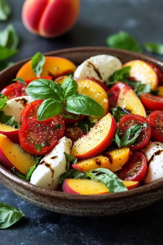 Summer peach balsamic caprese salad - the image is a close-up of a colorful salad in a wooden bowl. the salad is made up of sliced peaches, cherry tomatoes, and mozzarella cheese. the peaches are cut into small cubes and are arranged in a circular pattern. the tomatoes are bright red and the cheese is white. the basil leaves are scattered throughout the salad, adding a pop of green color to the dish. in the background, there are two whole peaches and a few sprigs of fresh basil. the bowl is sitting on a dark grey countertop.