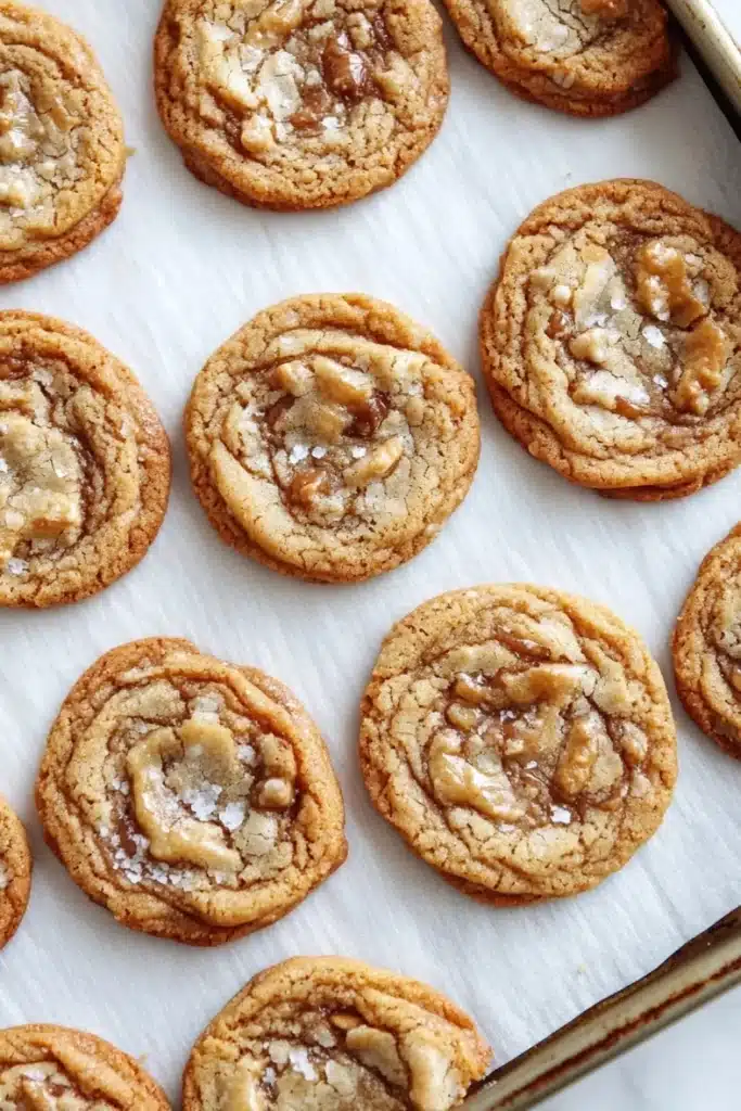 Thin and crispy cookie - the image shows a tray of freshly baked cookies on a white parchment paper. the cookies are round and golden brown in color, with a swirl pattern on top. they are arranged in a single layer on the tray, with some overlapping each other. some of the cookies have a light dusting of powdered sugar on top, while others have a darker brown color. the tray is lined with parchment paper, and there is a metal tray on the right side of the image. the background is blurred, but it appears to be a kitchen countertop.