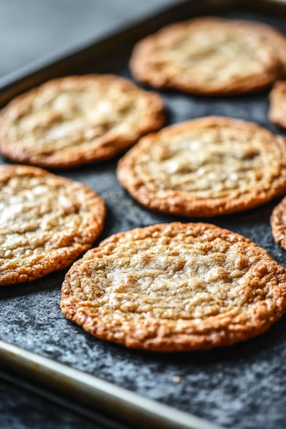Thin and crispy cookie - the image shows a baking tray with freshly baked cookies on it. the cookies are round and golden brown in color, with a crumbly texture on top. they are arranged in a single layer on the tray, with some overlapping each other. the tray is lined with parchment paper, and there is a metal spatula resting on the side. the background is blurred, but it appears to be a kitchen countertop.