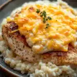 Tiktok chicken and rice casserole - the image shows a plate of food with a serving of chicken and rice. the chicken is cooked to a golden brown color and appears to be seasoned with herbs and spices. the rice is white and fluffy, and the dish is garnished with a sprig of parsley. the plate is brown and has a textured surface. the background is blurred, but it seems to be a wooden table.
