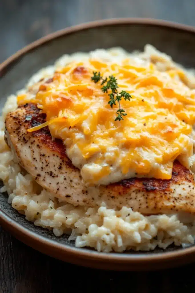 Tiktok chicken and rice casserole - the image shows a plate of food with a serving of chicken and rice. the chicken is cooked to a golden brown color and appears to be seasoned with herbs and spices. the rice is white and fluffy, and the dish is garnished with a sprig of parsley. the plate is brown and has a textured surface. the background is blurred, but it seems to be a wooden table.