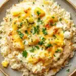 Tiktok chicken and rice casserole - the image shows a plate of food with a serving of rice. the rice is white and fluffy, and it appears to be cooked until it is golden brown. on top of the rice, there is a layer of melted cheese, which is a bright yellow color. the cheese is drizzled over the top, and there are small chunks of pineapple scattered throughout the dish. the dish is garnished with fresh parsley. the plate is sitting on a wooden table, and the background is blurred.