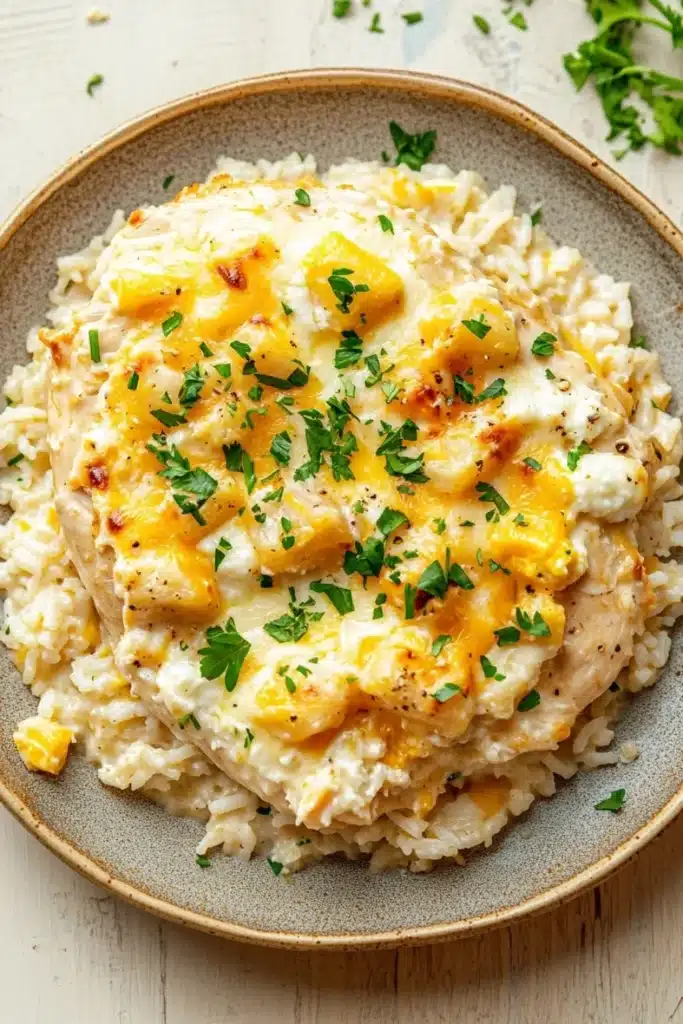 Tiktok chicken and rice casserole - the image shows a plate of food with a serving of rice. the rice is white and fluffy, and it appears to be cooked until it is golden brown. on top of the rice, there is a layer of melted cheese, which is a bright yellow color. the cheese is drizzled over the top, and there are small chunks of pineapple scattered throughout the dish. the dish is garnished with fresh parsley. the plate is sitting on a wooden table, and the background is blurred.