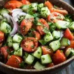 Tomato cucumber and onion salad - the image is a close-up of a bowl of salad. the salad is made up of diced tomatoes, cucumbers, and red onions. the tomatoes are cut into small cubes and are arranged in a circular pattern. the cucumbers are cut in half and are scattered throughout the salad, with some of them overlapping each other. there are also some chopped herbs, such as cilantro, scattered throughout. the bowl is made of dark wood and is sitting on a wooden table. the background is blurred, but it appears to be a rustic kitchen countertop.