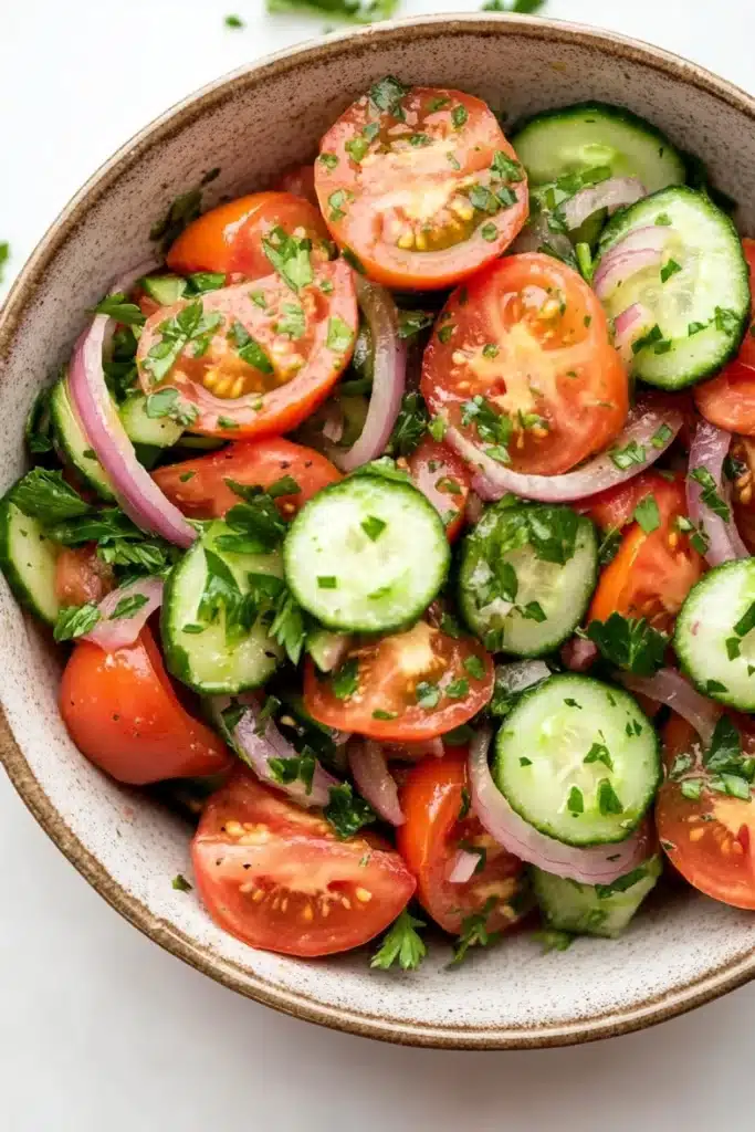 Tomato cucumber and onion salad - the image is a close-up of a bowl of salad. the bowl is made of ceramic and has a light brown color. the salad is made up of sliced tomatoes, cucumbers, red onions, and chopped herbs. the tomatoes are cut into thin slices and are arranged in a circular pattern. the cucumbers are sliced into thin strips and are scattered throughout the salad, with some of them overlapping each other. the herbs are finely chopped and add a pop of green color to the dish. the background is white, making the colors of the salad stand out.