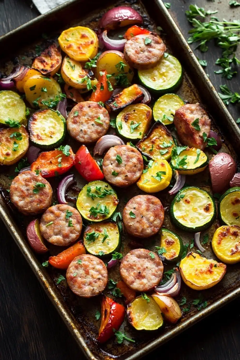 Trader joes chicken sausage sheet pan - the image shows a rectangular baking tray filled with a variety of vegetables. the vegetables include zucchini, red onions, and yellow bell peppers. the tray is garnished with chopped parsley. the background is a dark wooden table with a white napkin on the side. the overall color palette of the image is warm and inviting.