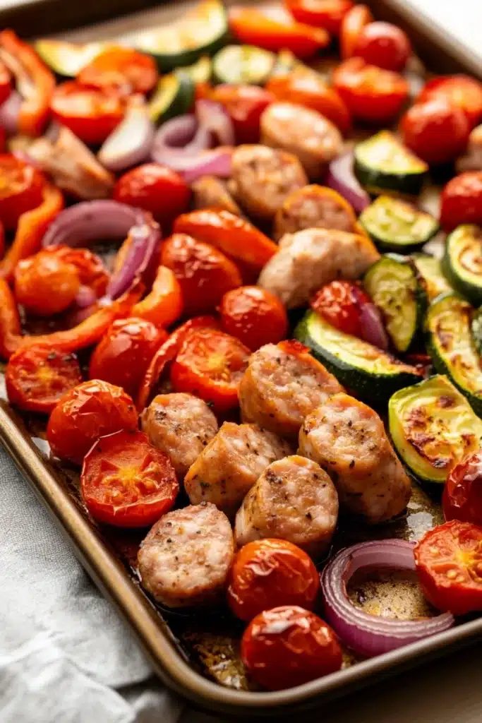 Trader joes chicken sausage sheet pan - the image shows a baking tray filled with a variety of vegetables. on the left side of the tray, there are sliced tomatoes, red onions, and zucchini. in the center, there is a pile of grilled chicken skewers. the chicken appears to be seasoned with herbs and spices, and the vegetables are arranged in a colorful and appetizing manner. the tray is lined with parchment paper and is sitting on a white tablecloth.