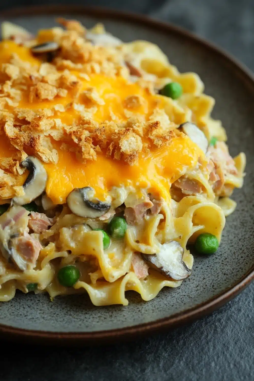 Tuna casserole classic - the image shows a plate of pasta dish. the pasta appears to be fettuccine alfredo, with a layer of melted cheese on top. the cheese is golden brown and bubbly, and it is drizzled over the top with crumbled breadcrumbs. there are also chunks of ham and mushrooms scattered throughout the dish, as well as some green peas. the dish is served on a dark brown plate with a dark background.