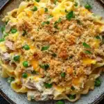 Tuna casserole classic - the image is a close-up of a plate of pasta dish. the pasta appears to be fettuccine alfredo, with a creamy yellow sauce and chunks of ham and peas mixed in. the dish is garnished with a sprinkle of chopped parsley. the plate is round and has a blue and white speckled rim. the background is a dark grey countertop.