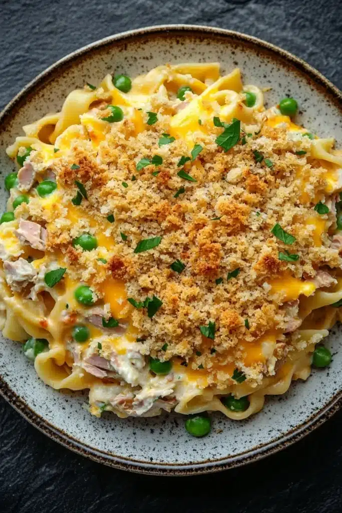 Tuna casserole classic - the image is a close-up of a plate of pasta dish. the pasta appears to be fettuccine alfredo, with a creamy yellow sauce and chunks of ham and peas mixed in. the dish is garnished with a sprinkle of chopped parsley. the plate is round and has a blue and white speckled rim. the background is a dark grey countertop.