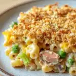 Tuna casserole with mac and cheese - the image shows a plate of macaroni and cheese dish. the dish is made with macaronis, cheese, and green peas. the top of the dish is covered in a crumbly, golden-brown breadcrumb topping, which is sprinkled with crumbled breadcrumbs. the plate is white with a blue rim and is sitting on a wooden table.