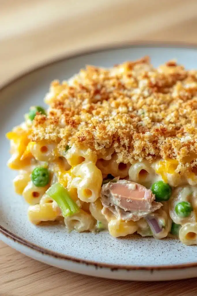 Tuna casserole with mac and cheese - the image shows a plate of macaroni and cheese dish. the dish is made with macaronis, cheese, and green peas. the top of the dish is covered in a crumbly, golden-brown breadcrumb topping, which is sprinkled with crumbled breadcrumbs. the plate is white with a blue rim and is sitting on a wooden table.