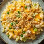 Tuna casserole with mac and cheese - the image is a close-up of a bowl of macaroni and cheese. the bowl is round and has a light blue speckled pattern around the edges. the pasta is cooked al dente and is topped with a layer of melted cheese, chunks of chicken, and chopped green peas. the cheese is a bright yellow color and appears to be melted and bubbly. the dish is garnished with a sprinkle of breadcrumbs. the background is a dark wooden table.