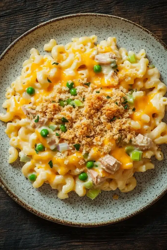 Tuna casserole with mac and cheese - the image is a close-up of a bowl of macaroni and cheese. the bowl is round and has a light blue speckled pattern around the edges. the pasta is cooked al dente and is topped with a layer of melted cheese, chunks of chicken, and chopped green peas. the cheese is a bright yellow color and appears to be melted and bubbly. the dish is garnished with a sprinkle of breadcrumbs. the background is a dark wooden table.