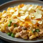 Tuna casserole with potato chips - the image shows a plate of macaroni and cheese with tortilla chips scattered on top. the plate is gray and round, and the cheese is a bright yellow color. on top of the cheese, there is a layer of shredded cheese, which appears to be melted and bubbly. there are also chunks of green peas scattered throughout the dish. in the background, there are other plates of food, suggesting that the dish is ready to be served.