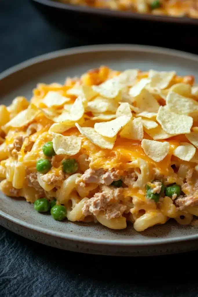Tuna casserole with potato chips - the image shows a plate of macaroni and cheese with tortilla chips scattered on top. the plate is gray and round, and the cheese is a bright yellow color. on top of the cheese, there is a layer of shredded cheese, which appears to be melted and bubbly. there are also chunks of green peas scattered throughout the dish. in the background, there are other plates of food, suggesting that the dish is ready to be served.