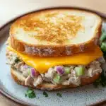 Tuna melt sandwiches - the image shows a sandwich on a plate. the sandwich is made with two slices of toasted bread, which are golden brown and appear to be crispy on the outside. on top of the bread, there is a layer of melted cheese, which is a bright yellow color. the cheese is oozing out of the sides of the sandwich, and it is surrounded by a bed of shredded chicken, diced red onions, and chopped green onions. there are also a few sprigs of parsley scattered around the plate, adding a pop of green color to the dish. the plate is sitting on a wooden table.