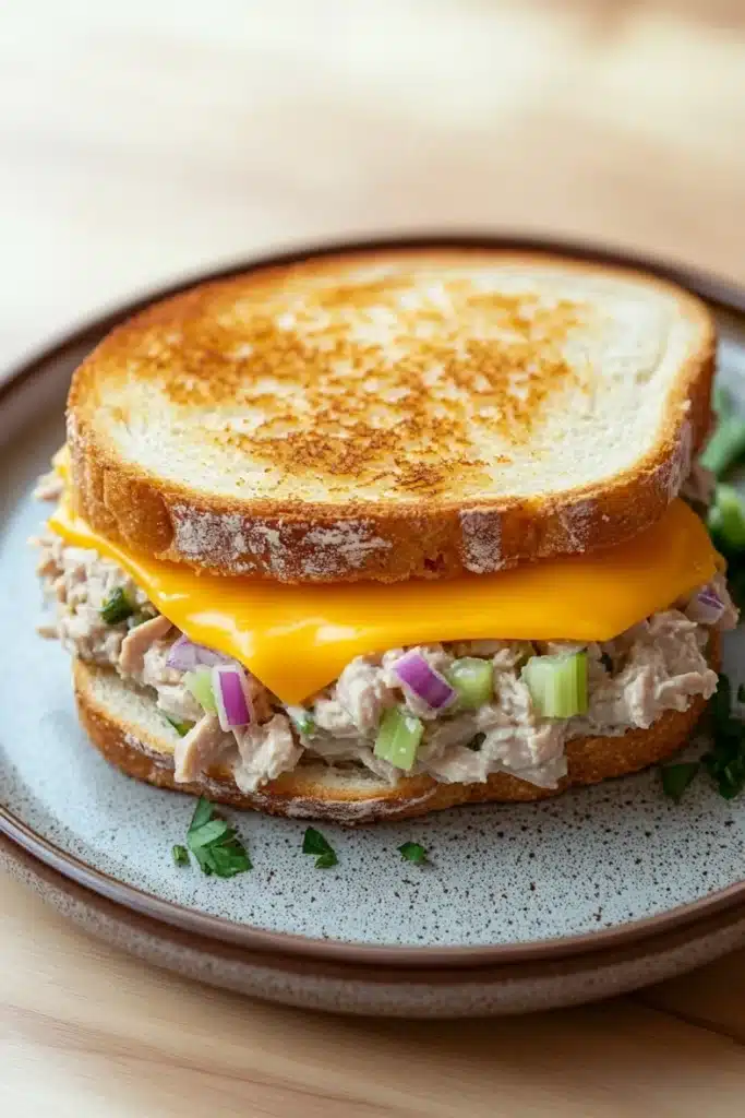 Tuna melt sandwiches - the image shows a sandwich on a plate. the sandwich is made with two slices of toasted bread, which are golden brown and appear to be crispy on the outside. on top of the bread, there is a layer of melted cheese, which is a bright yellow color. the cheese is oozing out of the sides of the sandwich, and it is surrounded by a bed of shredded chicken, diced red onions, and chopped green onions. there are also a few sprigs of parsley scattered around the plate, adding a pop of green color to the dish. the plate is sitting on a wooden table.