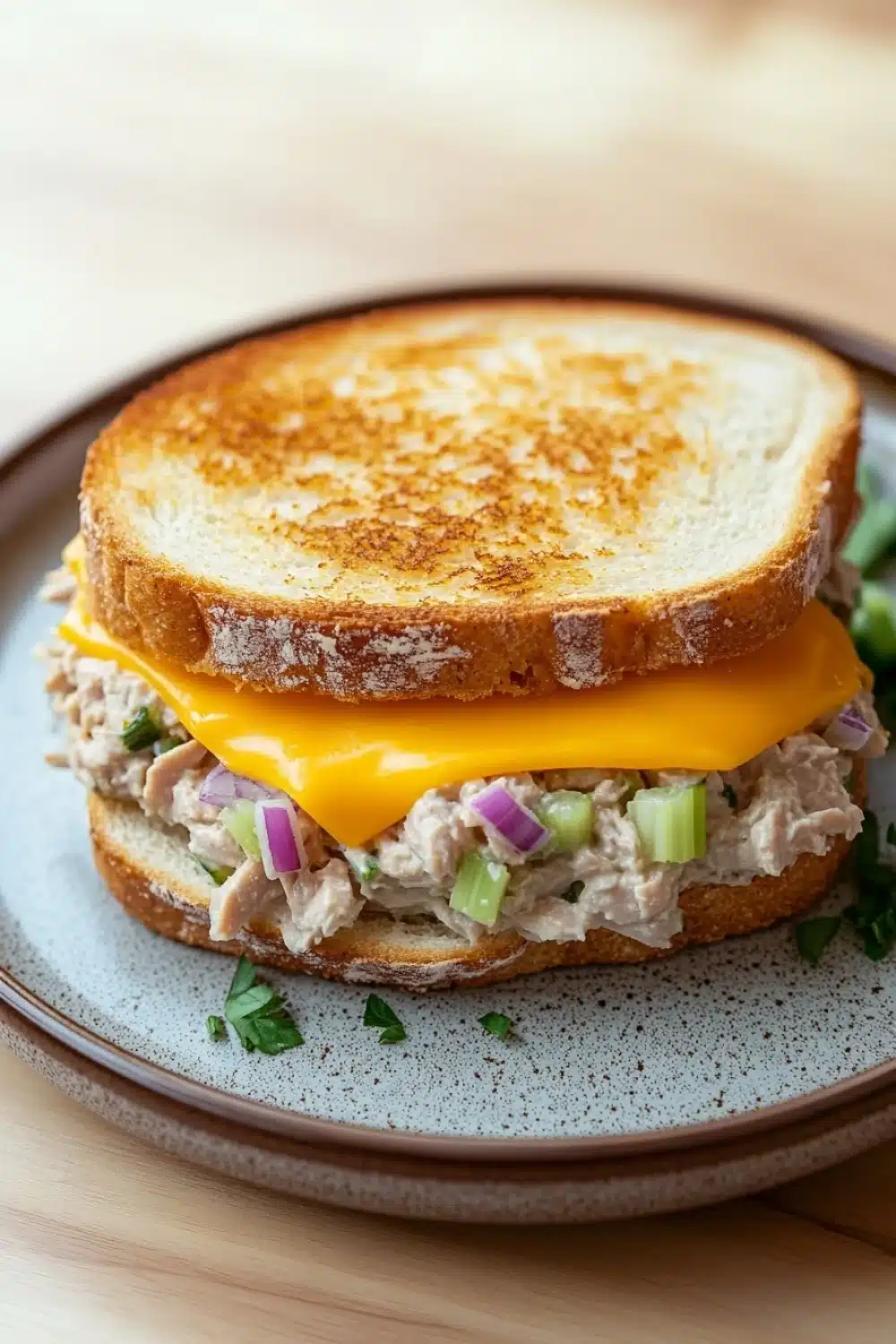 Tuna melt sandwiches - the image shows a sandwich on a plate. the sandwich is made with two slices of toasted bread, which are golden brown and appear to be crispy on the outside. on top of the bread, there is a layer of melted cheese, which is a bright yellow color. the cheese is oozing out of the sides of the sandwich, and it is surrounded by a bed of shredded chicken, diced red onions, and chopped green onions. there are also a few sprigs of parsley scattered around the plate, adding a pop of green color to the dish. the plate is sitting on a wooden table.