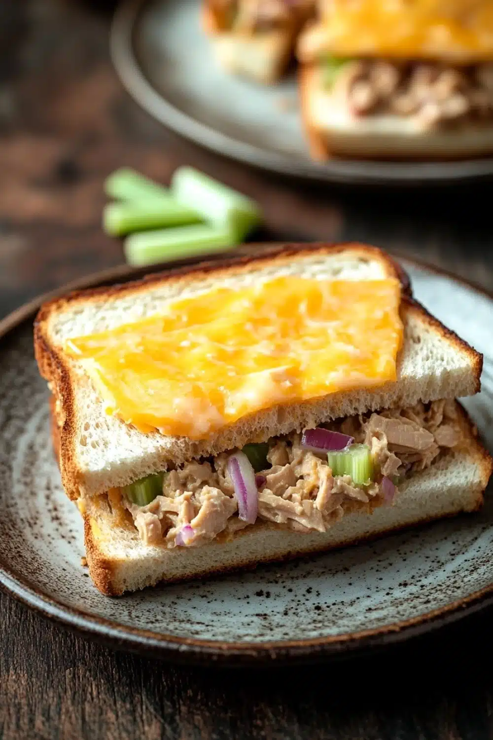 Tuna melt sandwiches - the image shows a close-up of a sandwich on a plate. the sandwich is made with two slices of white bread and is cut in half, revealing the filling inside. the filling appears to be a mixture of chicken, celery, and onions. the cheese is melted and oozing out of the sides of the sandwich. the plate is on a wooden table with a few celery sticks scattered around it. in the background, there is another plate with more sandwiches on it. the overall mood of the image is rustic and appetizing.
