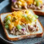 Tuna melt with relish - the image shows two slices of bread on a black plate. the bread appears to be toasted and has a golden brown crust. on top of the bread, there is a layer of melted cheese, which is a bright yellow color. the cheese is spread evenly over the bread and is topped with diced green onions, red onions, and green bell peppers. the plate is sitting on a dark countertop.