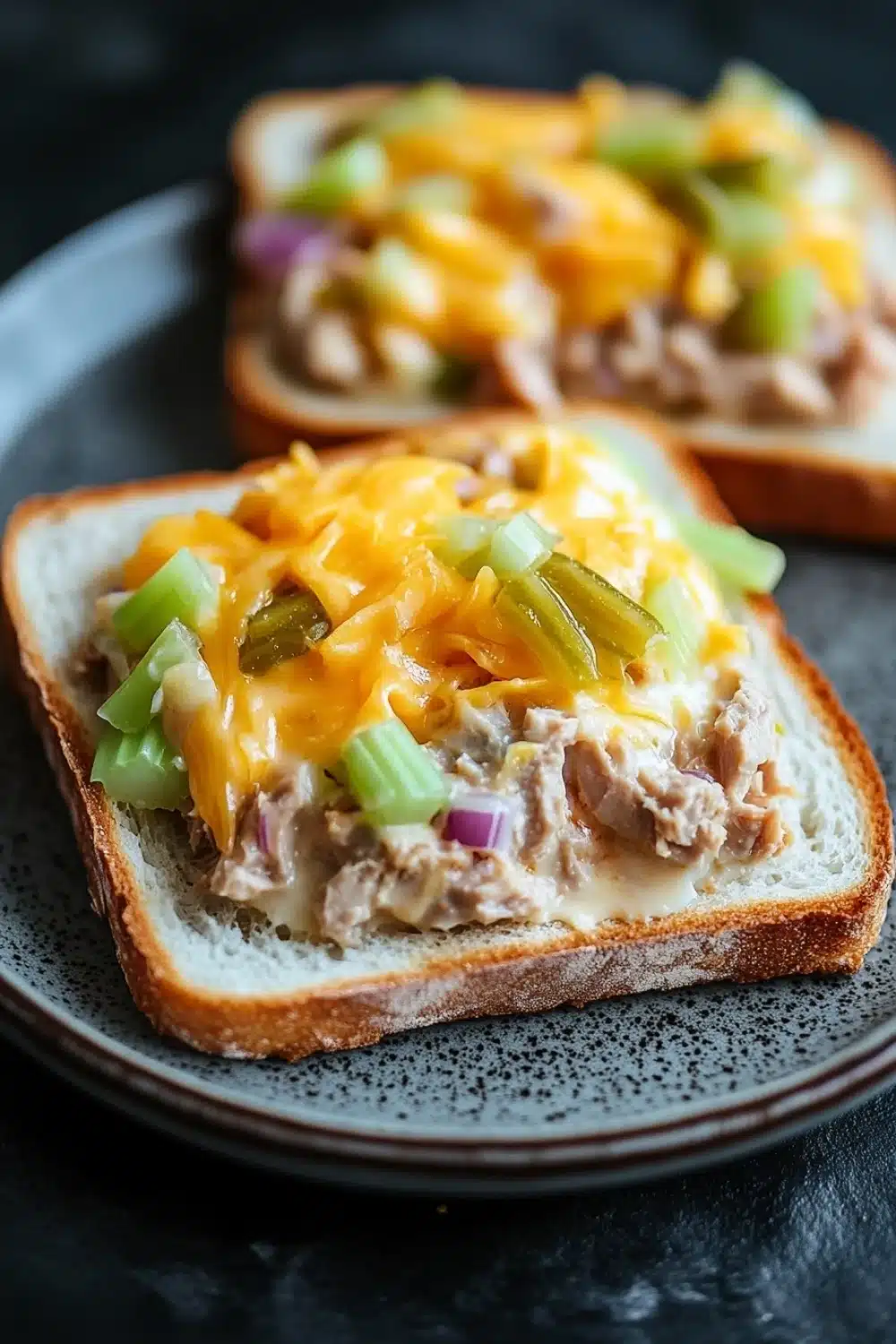 Tuna melt with relish - the image shows two slices of bread on a black plate. the bread appears to be toasted and has a golden brown crust. on top of the bread, there is a layer of melted cheese, which is a bright yellow color. the cheese is spread evenly over the bread and is topped with diced green onions, red onions, and green bell peppers. the plate is sitting on a dark countertop.