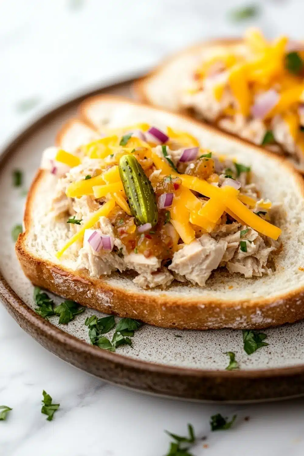Tuna melt with relish - the image shows a plate with two slices of bread on it. the bread appears to be toasted and has a golden brown crust. on top of the bread, there is a mixture of shredded chicken, diced red onions, and yellow cheese. there is also a pickle on top. the plate is garnished with chopped parsley. the background is a white marble countertop.