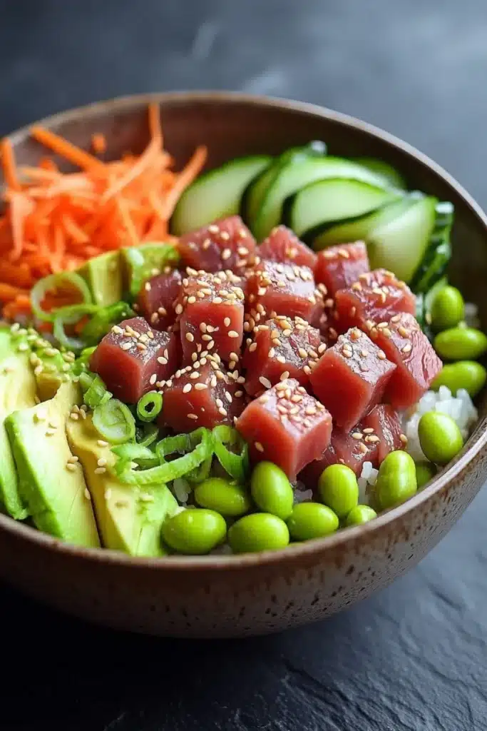 Tuna poke bowl spicy - the image is a close-up of a bowl of food. the bowl is made of ceramic and is placed on a dark grey countertop. the food in the bowl appears to be a salad with various ingredients. on top of the salad, there are sliced cucumbers, sliced carrots, sliced avocado, and edamame. the salad is topped with sesame seeds and green onions. the colors of the ingredients are vibrant and the dish looks fresh and appetizing.