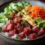 Tuna poke bowl spicy mayo - the image is a close-up of a bowl of food. the bowl is made of ceramic and has a dark brown color. on top of the bowl, there is a bed of white rice. on the left side of the plate, there are sliced cucumbers, sliced carrots, and sliced avocado. the vegetables are arranged in a colorful and appetizing manner. in the center of the image, on the right side, there appears to be a salad with a variety of ingredients. the salad is topped with sesame seeds and green onions. the colors of the ingredients are vibrant and the dish looks fresh and vibrant. the background is blurred, but it seems to be an indoor setting with a wooden table.