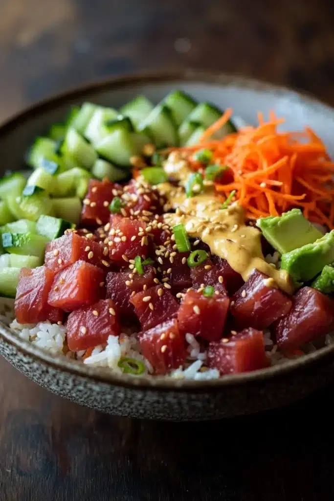 Tuna poke bowl spicy mayo - the image is a close-up of a bowl of food. the bowl is made of ceramic and has a dark brown color. on top of the bowl, there is a bed of white rice. on the left side of the plate, there are sliced cucumbers, sliced carrots, and sliced avocado. the vegetables are arranged in a colorful and appetizing manner. in the center of the image, on the right side, there appears to be a salad with a variety of ingredients. the salad is topped with sesame seeds and green onions. the colors of the ingredients are vibrant and the dish looks fresh and vibrant. the background is blurred, but it seems to be an indoor setting with a wooden table.