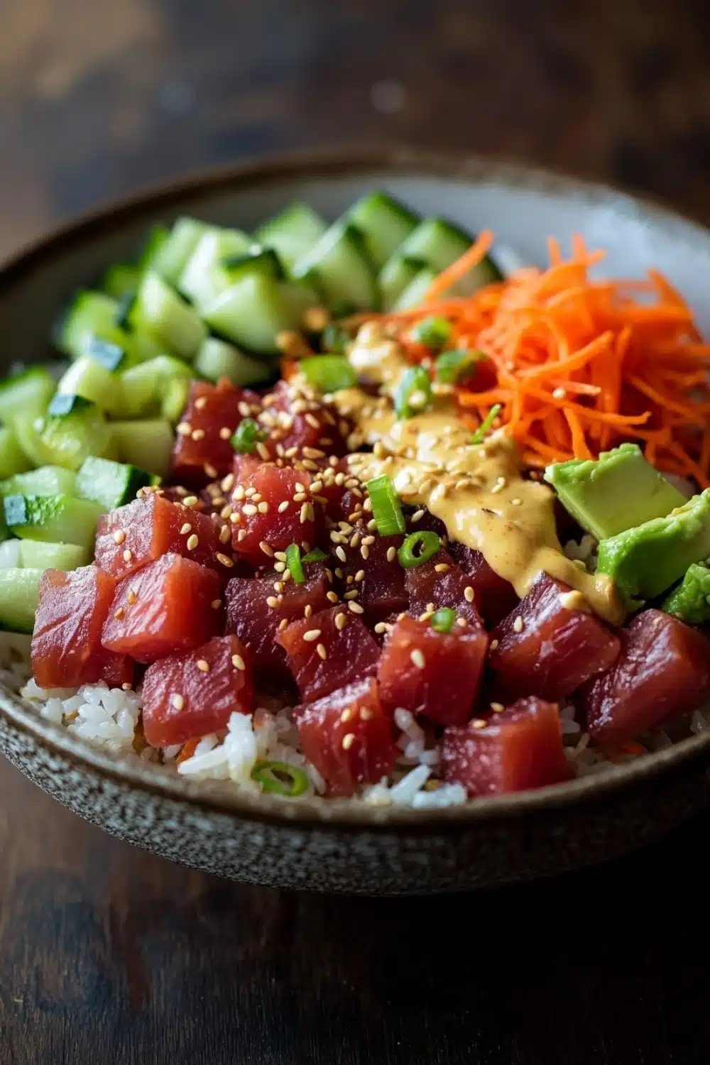Tuna poke bowl spicy mayo - the image is a close-up of a bowl of food. the bowl is made of ceramic and has a dark brown color. on top of the bowl, there is a bed of white rice. on the left side of the plate, there are sliced cucumbers, sliced carrots, and sliced avocado. the vegetables are arranged in a colorful and appetizing manner. in the center of the image, on the right side, there appears to be a salad with a variety of ingredients. the salad is topped with sesame seeds and green onions. the colors of the ingredients are vibrant and the dish looks fresh and vibrant. the background is blurred, but it seems to be an indoor setting with a wooden table.